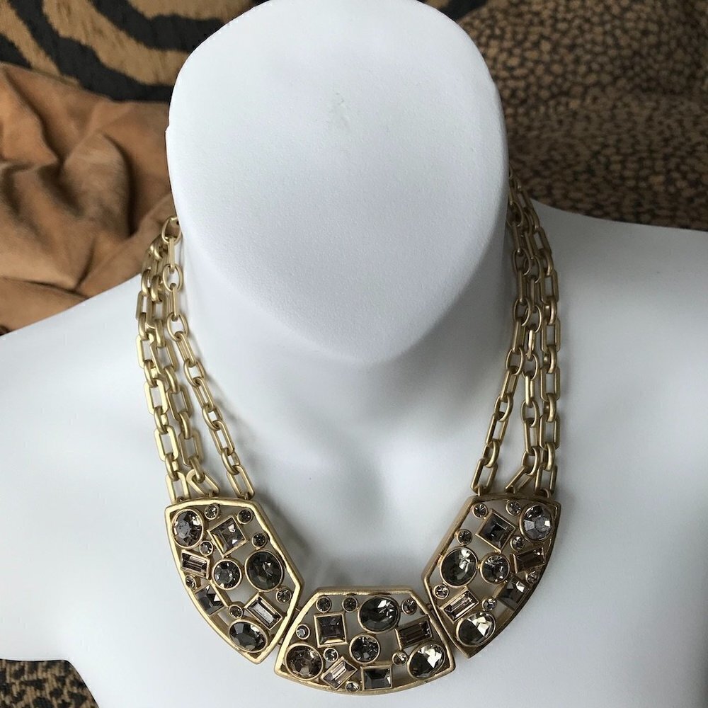 Statement Piece Necklace Costume Jewelry Brushed Gold tone, Taupe Gems  21"- 24"